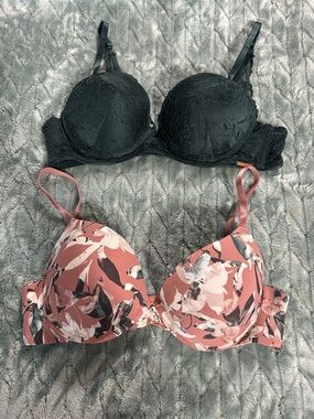 Lace Dark Green Push-Up Bra & Rose Floral T-Shirt Bra - Women's Intimates Set